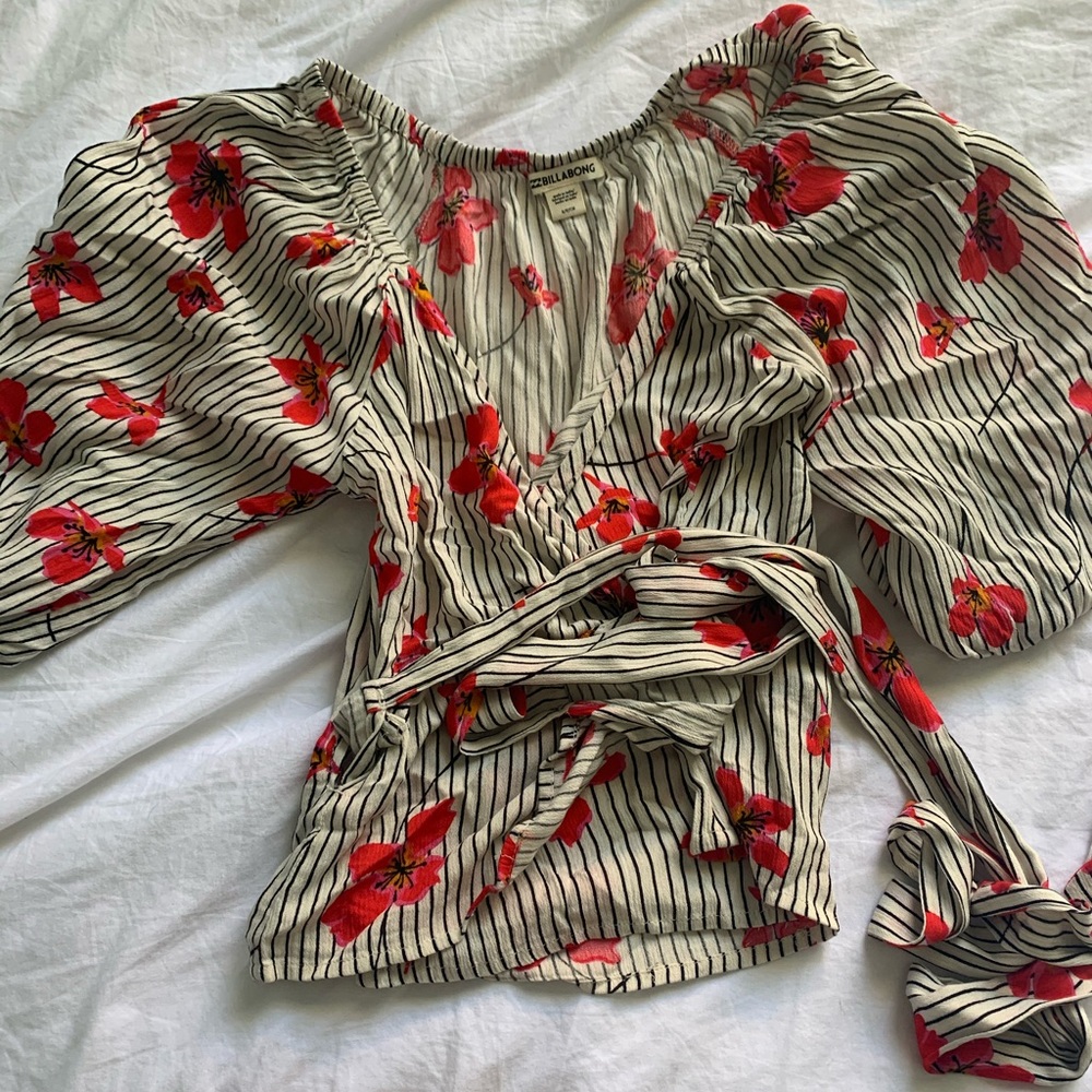 billabong floral & striped wrapped blouse